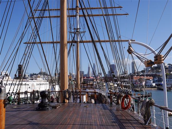 San Francisco Maritime National Historical Park - The deck of the ship Balclutha, looking towards the city of San Francisco in the distance. (11/2/2024 - Credits: NPS/J.Woerner)