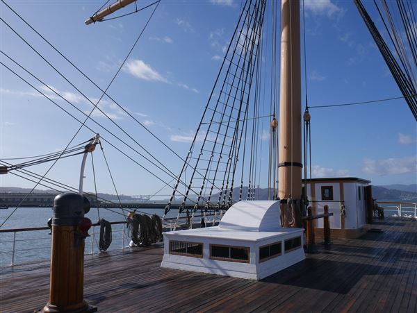 San Francisco Maritime National Historical Park - The stern deck of the ship Balclutha, looking out towards the Bay. (11/2/2024 - Credits: NPS/J.Woerner)