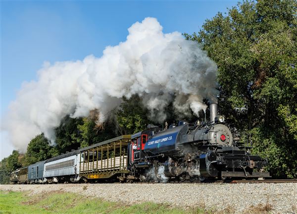 Niles Canyon Railway & Sunol Depot - Steam locomotive, Clover Valley Lumber Co. #4, pulls a Niles Canyon passenger train east along Highway 84 in February 2024 on its way to the museum’s Sunol, CA train station where passengers will disembark after the 1.5 hour round trip train ride through Niles Canyon. Locomotive #4 will turn 100 years old in March of 2024. (3/18/2026 - Credits: Christopher Hauf – Niles Canyon Railway)