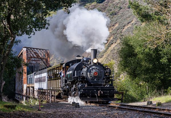 Niles Canyon Railway & Sunol Depot - Steam locomotive, Clover Valley Lumber Co. #4, pulls a Niles Canyon passenger train in February 2024 east across Farwell Bridge on its way to the museum’s Sunol, CA train station where passengers will disembark after the 1.5 hour round trip train ride through Niles Canyon. Locomotive #4 will turn 100 years old in March of 2024. (3/18/2026 - Credits: Christopher Hauf – Niles Canyon Railway)