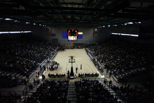 Bren Events Center & Crawford Athletics Complex - UCI Men's Basketball 2024 (With Temporary Portable Basketball Floor & New Daktronics Video Wall & Ribbons) (3/2/2024 - Credits: Photo Courtesy of UC Irvine Athletics & Bren Events Center)