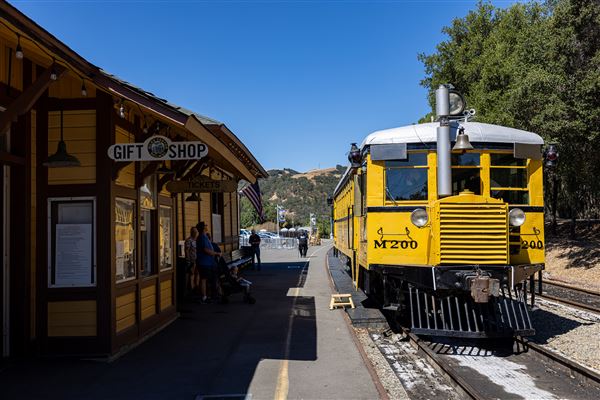 Niles Canyon Railway & Sunol Depot - The Niles Canyon Railway’s M200 railbus sits in its Sunol Station in Sunol, CA as it prepares to take passengers east of Sunol toward the museum’s current end of operating trackage at Happy Valley Bridge in Pleasanton, CA. (3/18/2026 - Credits: Christopher Hauf – Niles Canyon Railway)
