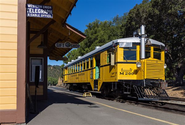 Niles Canyon Railway & Sunol Depot - The Niles Canyon Railway’s M200 railbus sits in its Sunol Station in Sunol, CA as it prepares to take passengers east of Sunol toward the museum’s current end of operating trackage at Happy Valley Bridge in Pleasanton, CA. (3/18/2026 - Credits: Christopher Hauf – Niles Canyon Railway)