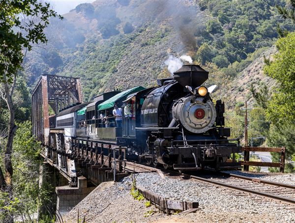 Niles Canyon Railway & Sunol Depot - One of the Niles Canyon Railway’s three operating steam locomotives, Robert Dollar Co. #3, rolls over the historic Farwell Bridge that takes the railroad across both Highway 84 and Alameda Creek. Riders of the Niles Canyon Railway get to experience two historic bridges like this one along their ride. (3/18/2026 - Credits: Christopher Hauf – Niles Canyon Railway)