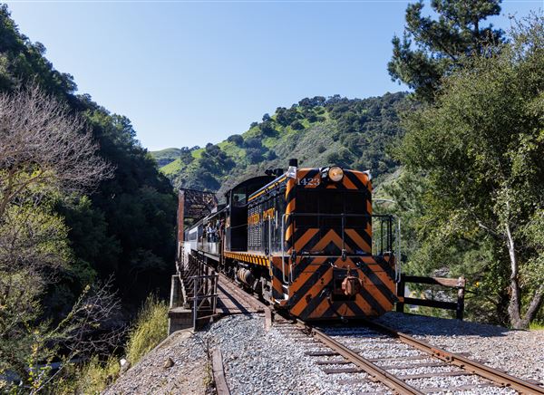 Niles Canyon Railway & Sunol Depot - Southern Pacific Railroad #1423 pulls a Niles Canyon Railway passenger train over the 1896 Farwell Bridge. This is one of two historic bridges riders get to cross as they make their way from Sunol to Niles on the route of the original Transcontinental Railroad. (3/18/2026 - Credits: Christopher Hauf – Niles Canyon Railway)